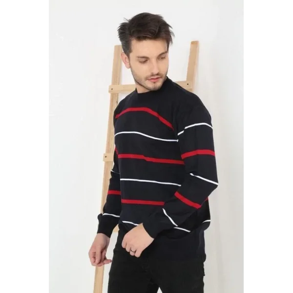 Unisex İnce Çizgili Bisiklet Yaka Triko Kazak - Lacivert