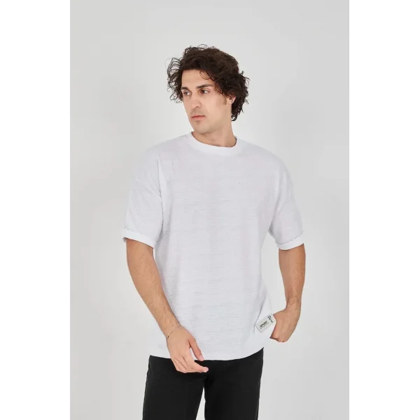 Unisex Jakar Kumaş Rahat Kol T-Shirt - Beyaz