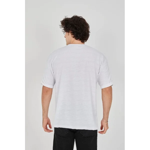 Unisex Jakar Kumaş Rahat Kol T-Shirt - Beyaz