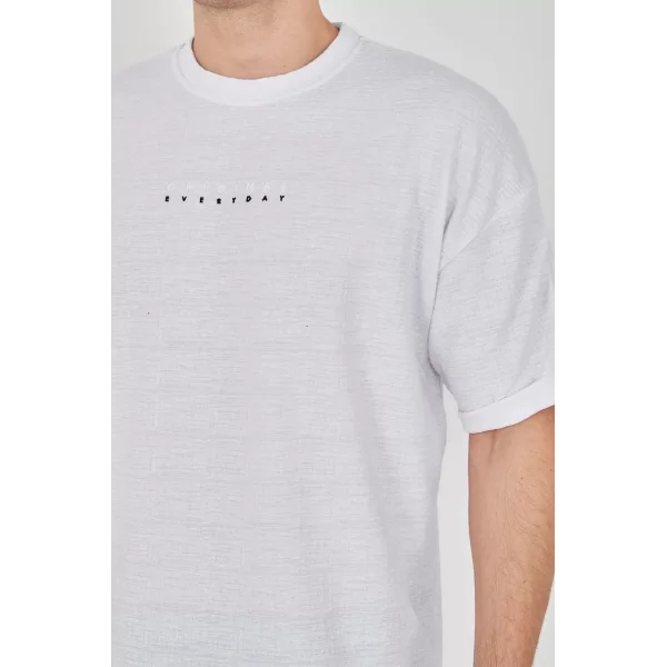 Unisex Jakar Kumaş Rahat Kol T-Shirt - Beyaz