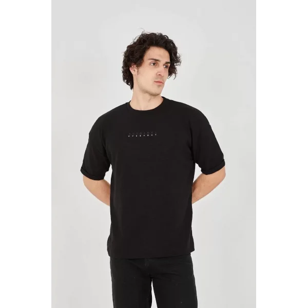 Unisex Jakar Kumaş Rahat Kol T-Shirt - Siyah