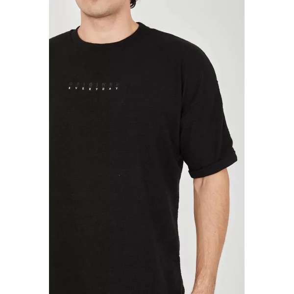 Unisex Jakar Kumaş Rahat Kol T-Shirt - Siyah