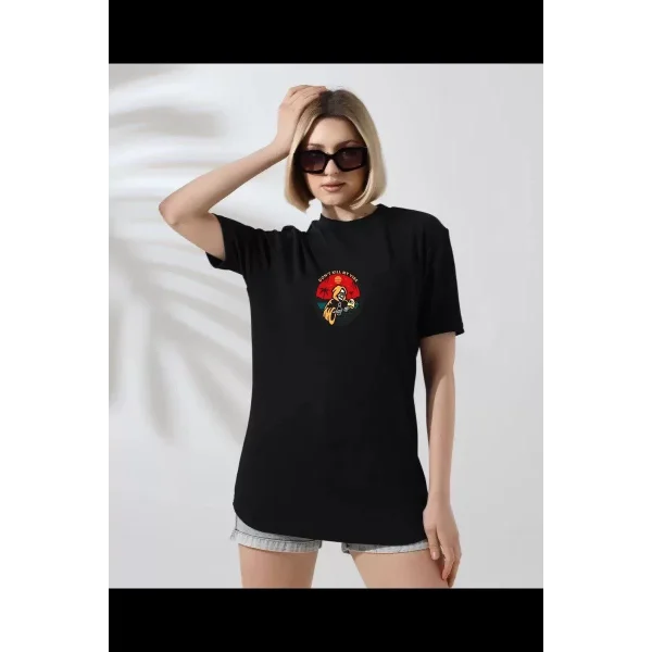 Unisex Kadın Bisiklet Yaka Baskılı T-Shirt - Siyah