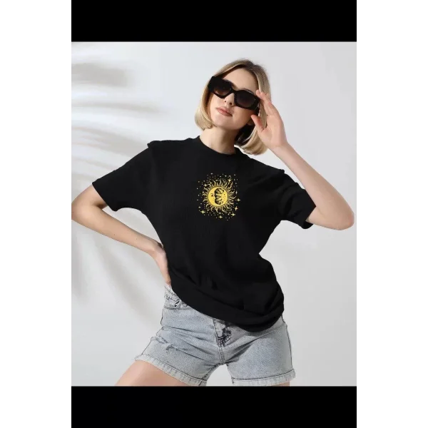 Unisex Kadın Bisiklet Yaka Baskılı T-Shirt - Siyah