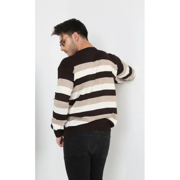 Unisex Kalın Çizgili Bisiklet Yaka Triko Kazak - Bej