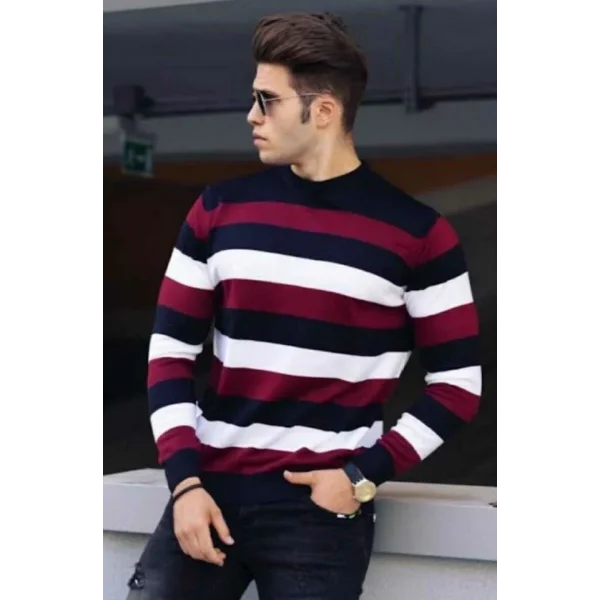 Unisex Kalın Çizgili Bisiklet Yaka Triko Kazak - Bordo