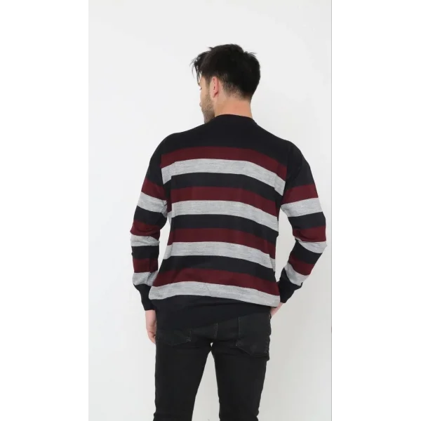 Unisex Kalın Çizgili Bisiklet Yaka Triko Kazak - Gri