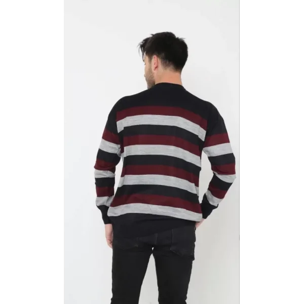 Unisex Kalın Çizgili Bisiklet Yaka Triko Kazak - Gri