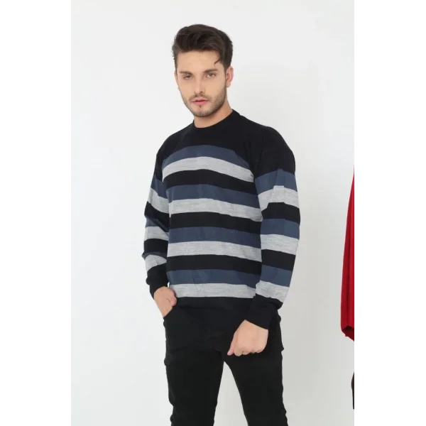 Unisex Kalın Çizgili Bisiklet Yaka Triko Kazak - Indigo