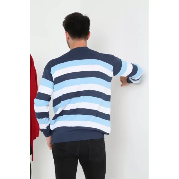 Unisex Kalın Çizgili Bisiklet Yaka Triko Kazak - Mavi