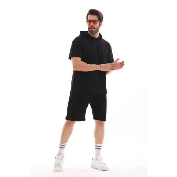 Unisex Kapşonlu Oversize T-Shirt Şortlu Takım - Siyah