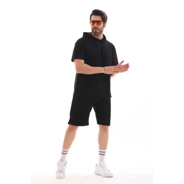 Unisex Kapşonlu Oversize T-Shirt Şortlu Takım - Siyah