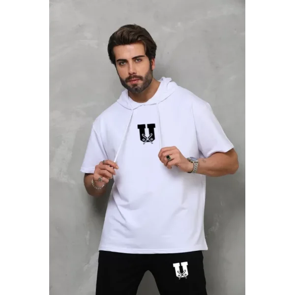 Unisex Kapşonlu Oversize T-Shirt Takım - Beyaz