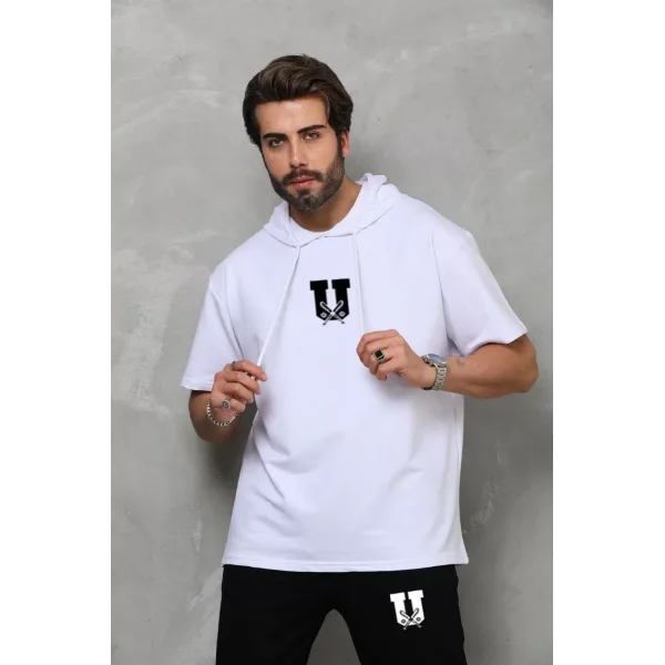 Unisex Kapşonlu Oversize T-Shirt Takım - Beyaz