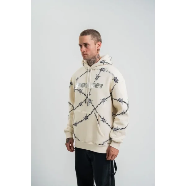 Unisex Kapşonlu Varak Ve Pano Baskılı SweatShirt - Bej