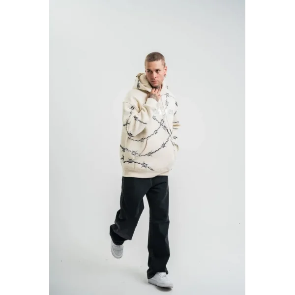 Unisex Kapşonlu Varak Ve Pano Baskılı SweatShirt - Bej