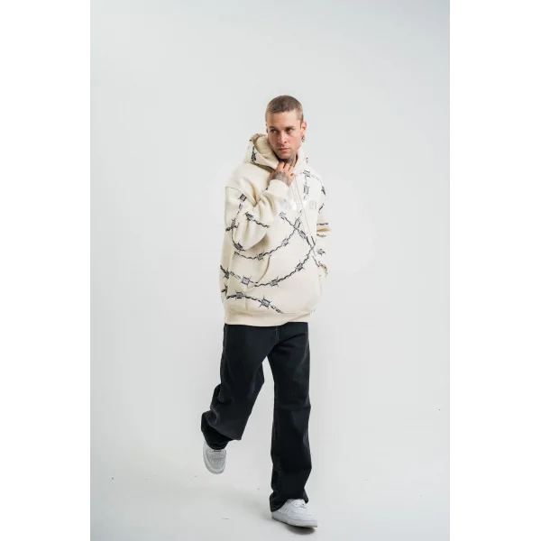 Unisex Kapşonlu Varak ve Pano Baskılı SweatShirt - Bej