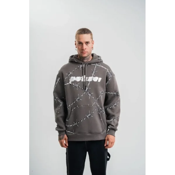 Unisex Kapşonlu Varak Ve Pano Baskılı SweatShirt - Füme