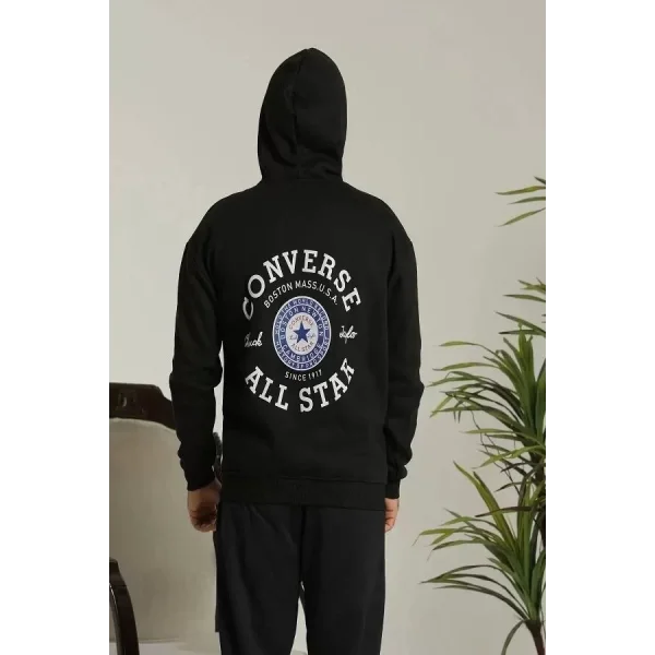 Unisex Kapüşonlu Üç İplik Oversize Baskılı Sweatshirt - Siyah