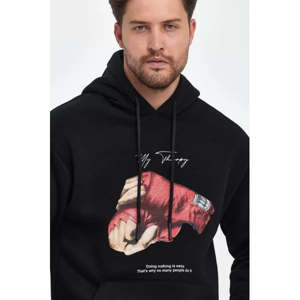Unisex Kapüşonlu Üç İplik Oversize Baskılı Sweatshirt - Siyah