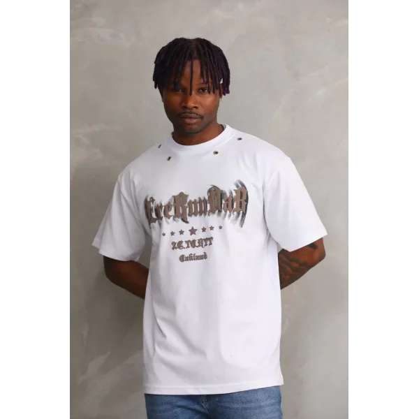 Unisex Kuşgözü Detaylı Baskılı Oversize T-Shirt - Beyaz