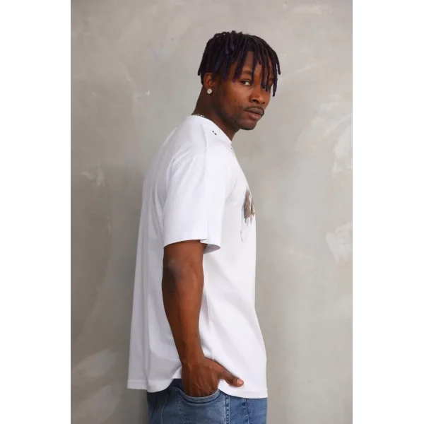 Unisex Kuşgözü Detaylı Baskılı Oversize T-Shirt - Beyaz