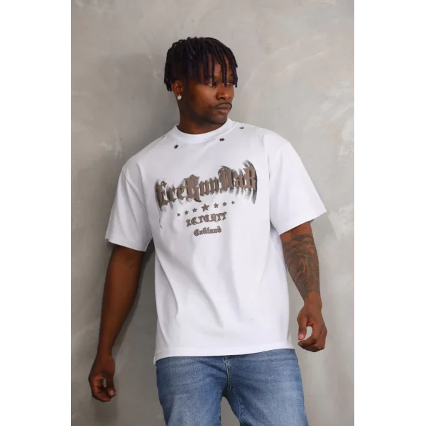 Unisex Kuşgözü Detaylı Baskılı Oversize T-Shirt - Beyaz