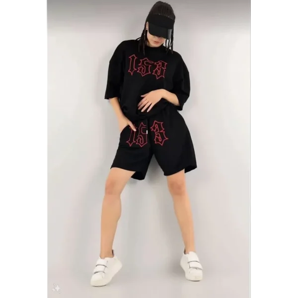 Unisex Nakış İşlemeli Şort Takım  iyah