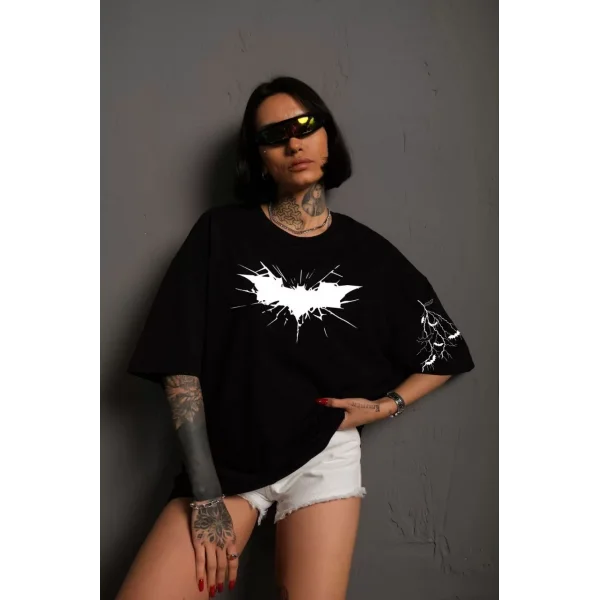 Unisex Ön ve Kol Baskılı Oversize T-shirt - Siyah