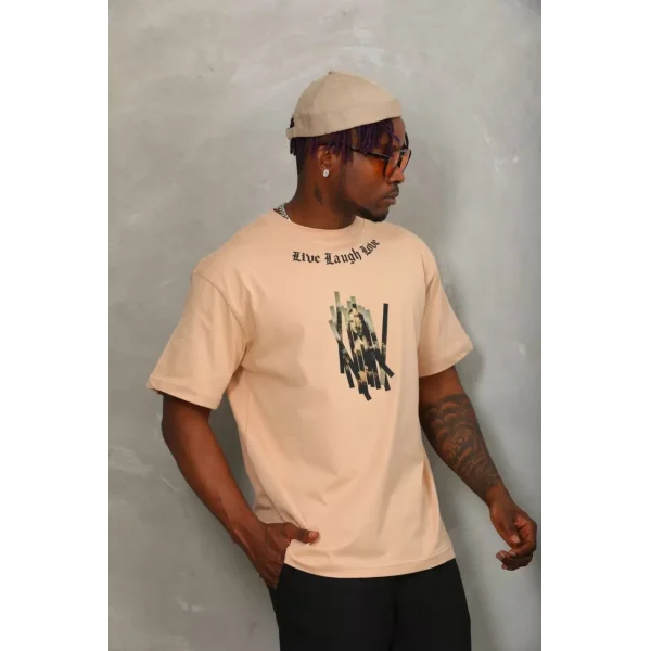 Unisex Oversize Baskılı Bisiklet Yaka T-Shirt - Bej