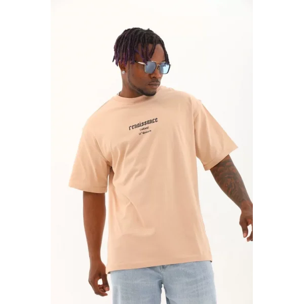 Unisex Oversize Baskılı Bisiklet Yaka T-Shirt - Bej