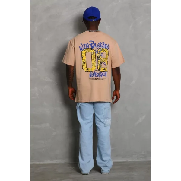 Unisex Oversize Baskılı Bisiklet Yaka T-Shirt - Bej