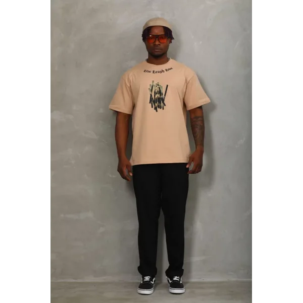 Unisex Oversize Baskılı Bisiklet Yaka T-Shirt - Bej