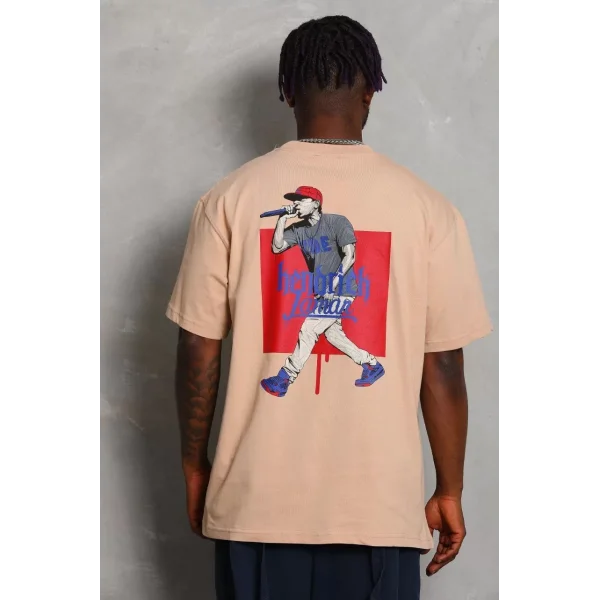 Unisex Oversize Baskılı Bisiklet Yaka T-Shirt - Bej