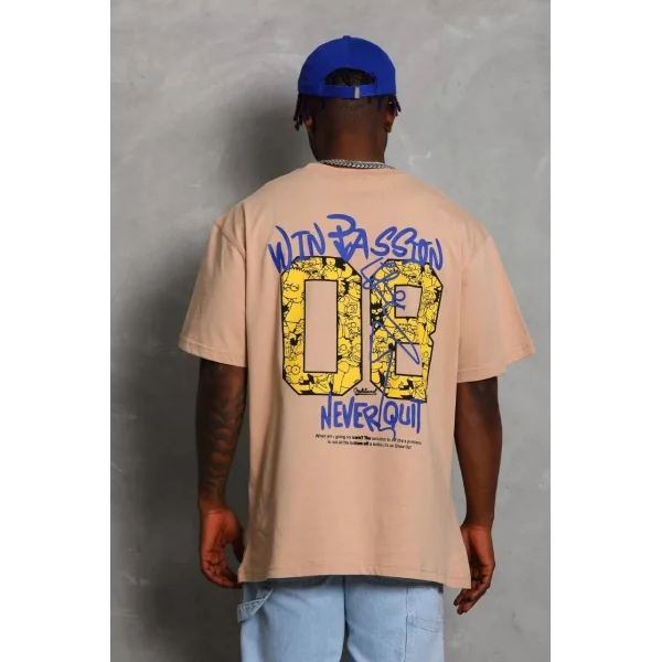 Unisex Oversize Baskılı Bisiklet Yaka T-Shirt - Bej