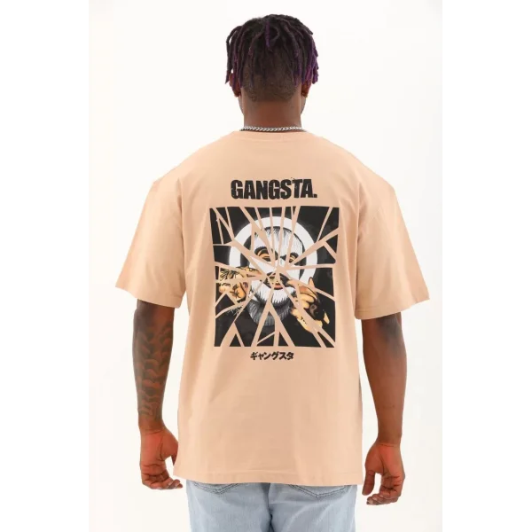 Unisex Oversize Baskılı Bisiklet Yaka T-Shirt - Bej