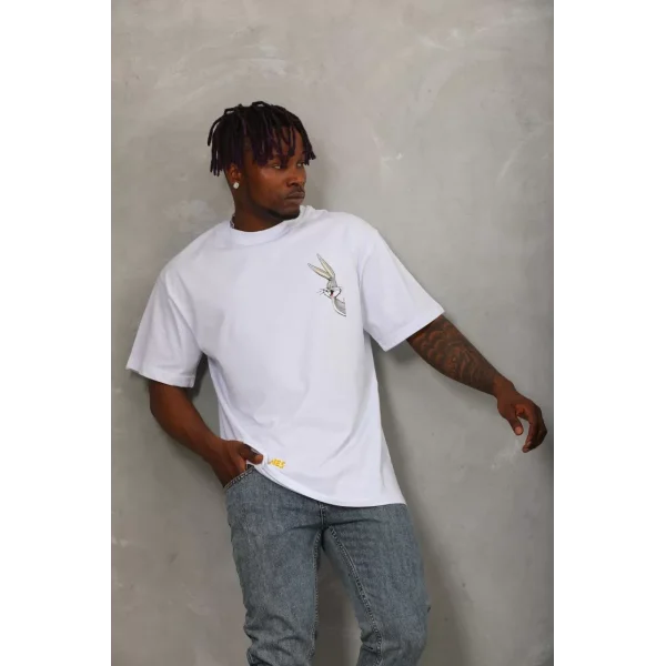 Unisex Oversize Baskılı Bisiklet Yaka T-Shirt - Beyaz