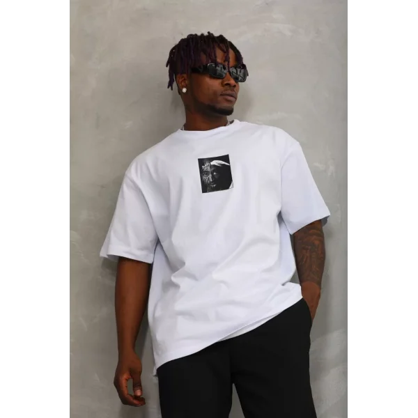 Unisex Oversize Baskılı Bisiklet Yaka T-Shirt - Beyaz