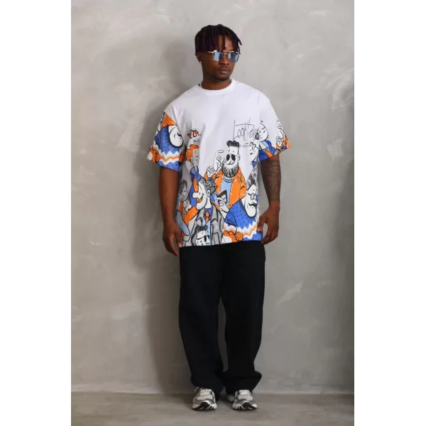 Unisex Oversize Baskılı Bisiklet Yaka T-Shirt - Beyaz