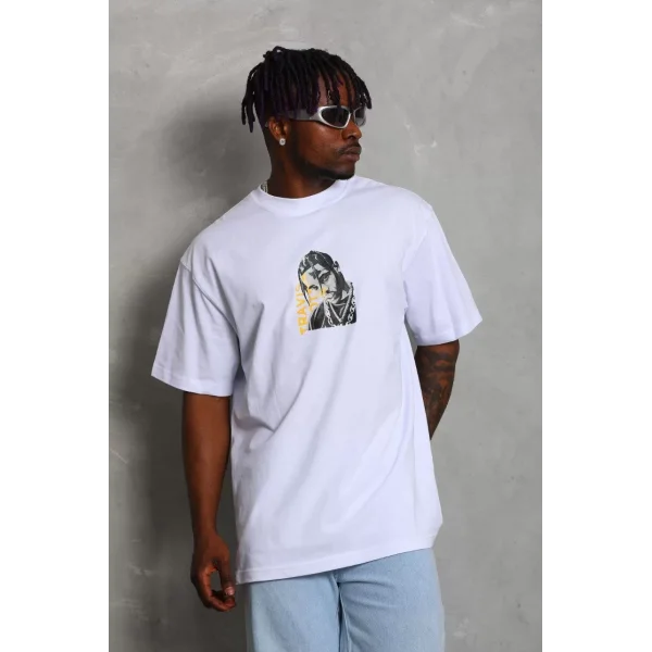 Unisex Oversize Baskılı Bisiklet Yaka T-Shirt - Beyaz