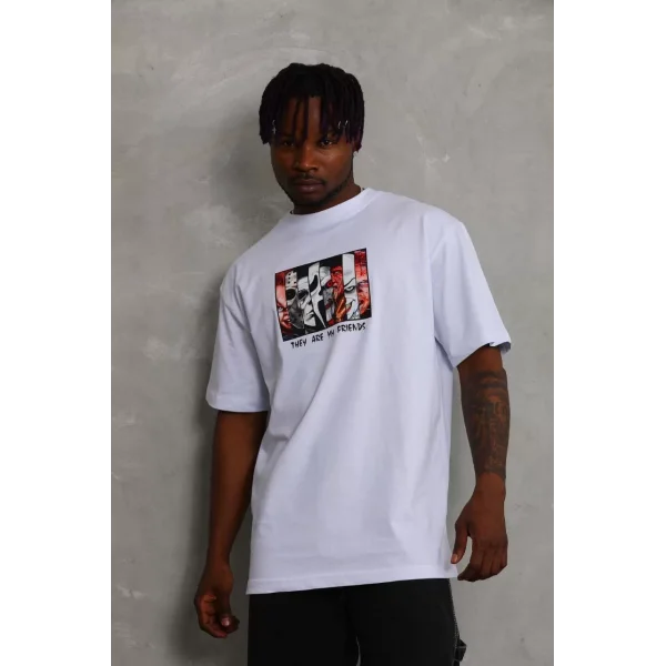 Unisex Oversize Baskılı Bisiklet Yaka T-Shirt - Beyaz