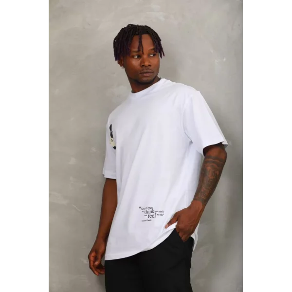 Unisex Oversize Baskılı Bisiklet Yaka T-Shirt - Beyaz