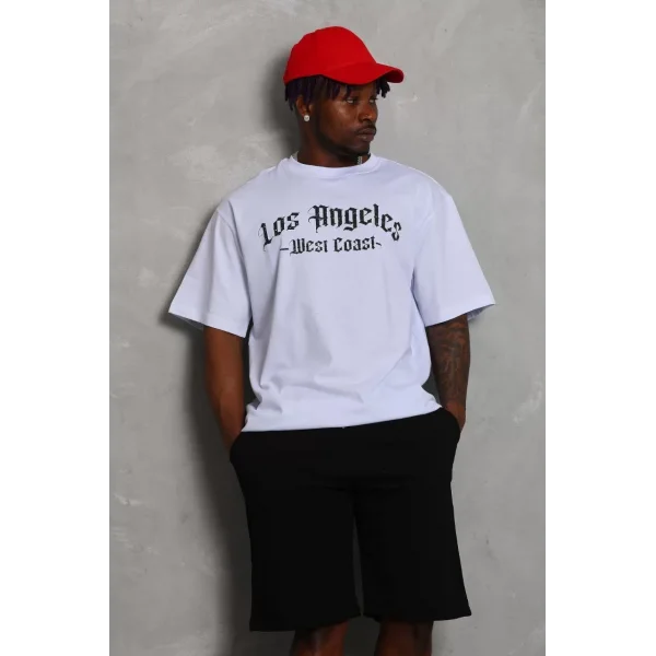 Unisex Oversize Baskılı Bisiklet Yaka T-Shirt - Beyaz