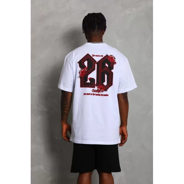 Unisex Oversize Baskılı Bisiklet Yaka T-Shirt - Beyaz