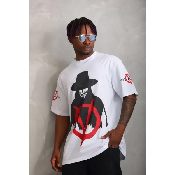 Unisex Oversize Baskılı Bisiklet Yaka T-Shirt - Beyaz