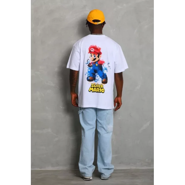 Unisex Oversize Baskılı Bisiklet Yaka T-Shirt - Beyaz