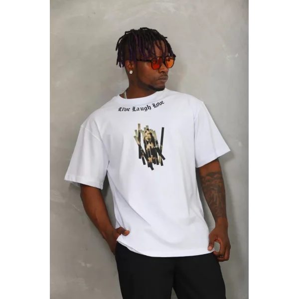 Unisex Oversize Baskılı Bisiklet Yaka T-Shirt - Beyaz