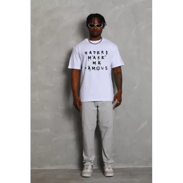 Unisex Oversize Baskılı Bisiklet Yaka T-Shirt - Beyaz