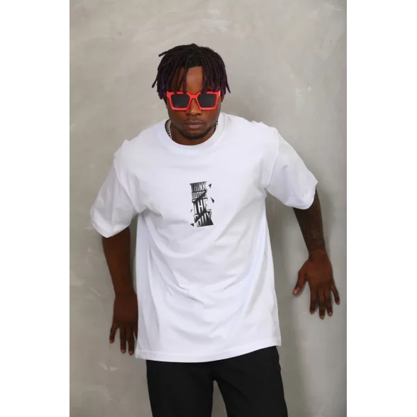 Unisex Oversize Baskılı Bisiklet Yaka T-Shirt - Beyaz