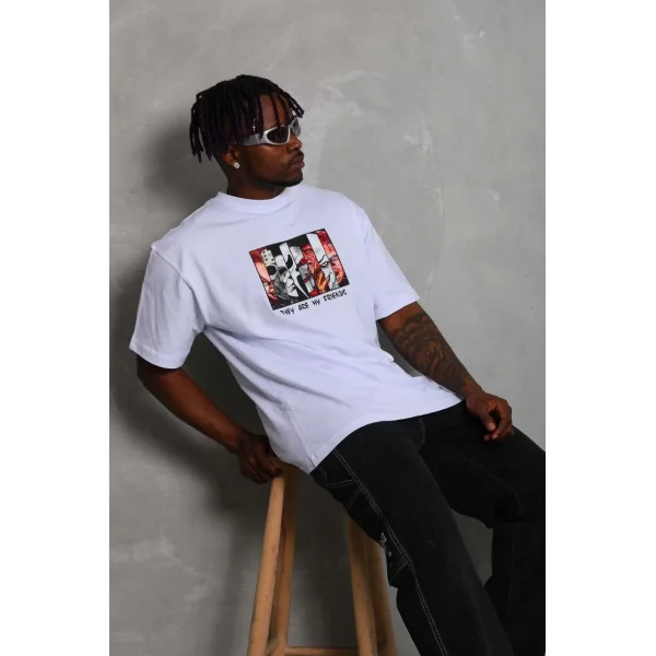 Unisex Oversize Baskılı Bisiklet Yaka T-Shirt - Beyaz